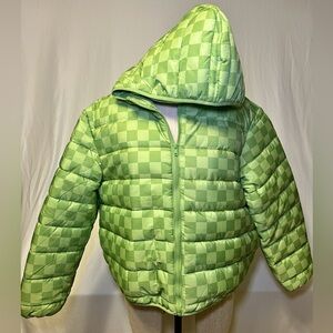 Wild Fable Checker Print Bright Green Puffer Zip-up Jacket